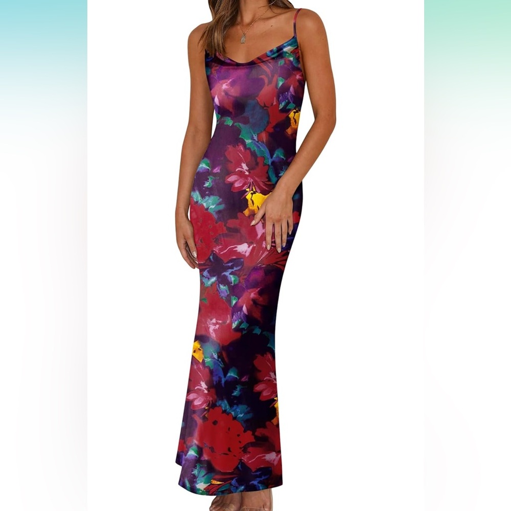 NEW PRETTYGARDEN Floral Spaghetti Strap Maxi Dress Stretch Sexy Bodycon Dress